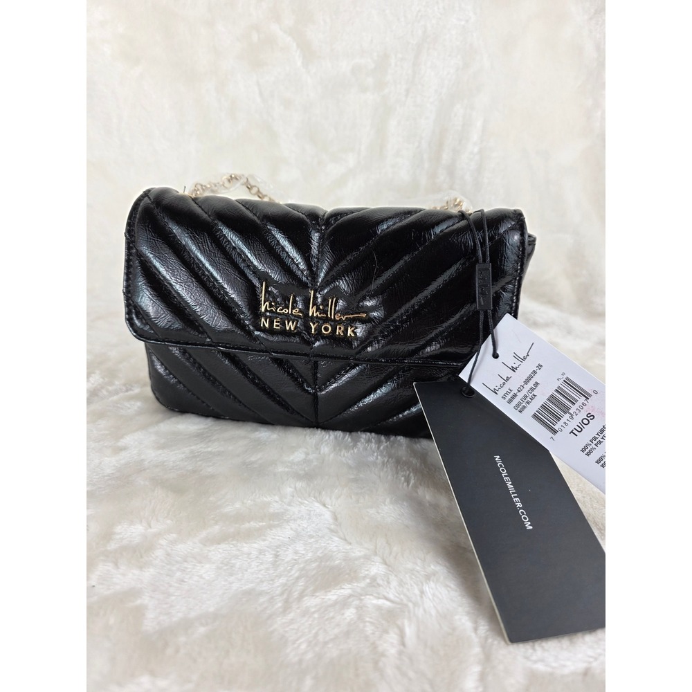 Nicole‎ Miller Black Quilted Patent Chain Shoulder Bag Evening Crossbody NWT